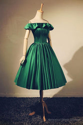 Lovely Green Satin Off Shoulder Knee Length Homecoming Dress, Short Prom Dress